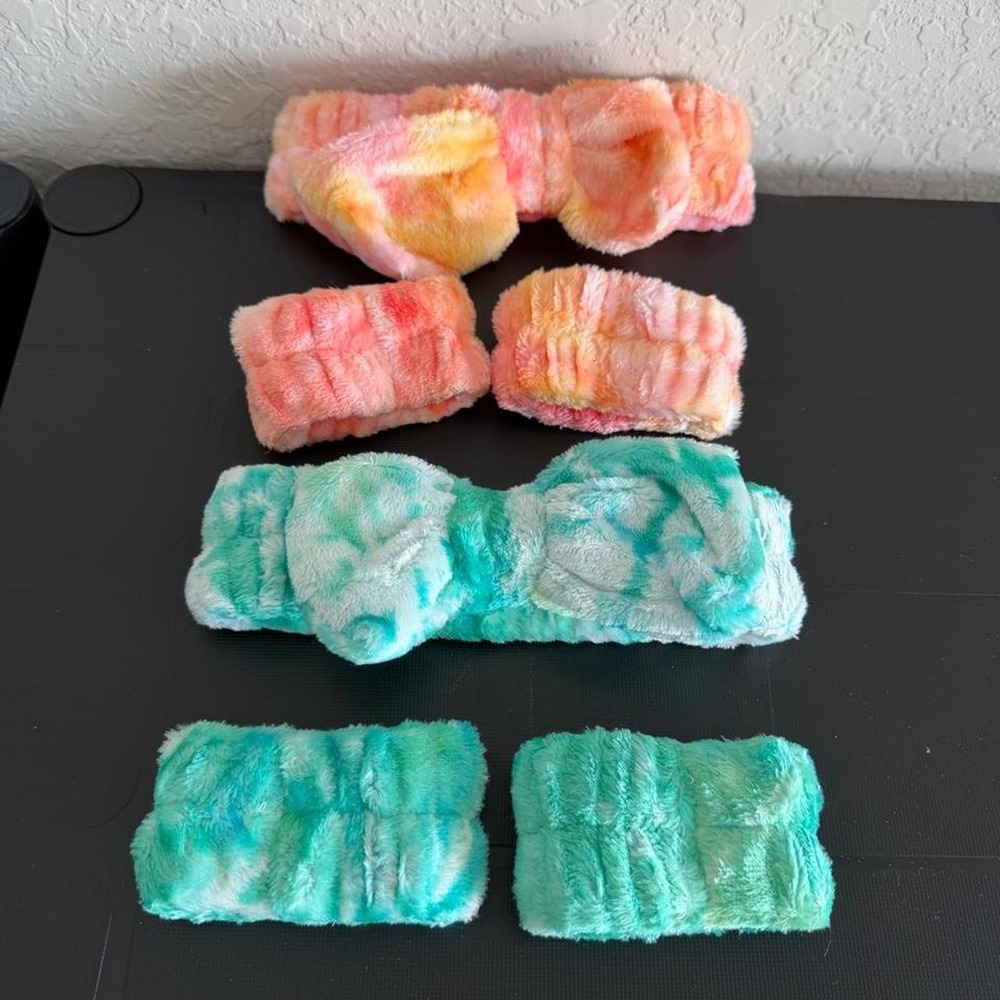 Tie Dye Spa Bow Headband and Wristband Set Peach Teal